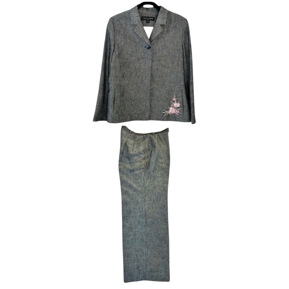 Kasper & Company ASL 2 Piece Floral Embroidered Grey Pants and Blazer